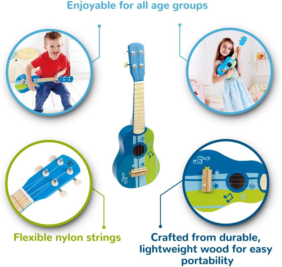 Hape Kid’s Wooden Toy Ukulele | 21 Inch Wooden Ukulele Musical Instrument with Vibrant Sound and Tunable Nylon Strings for Children, Blue