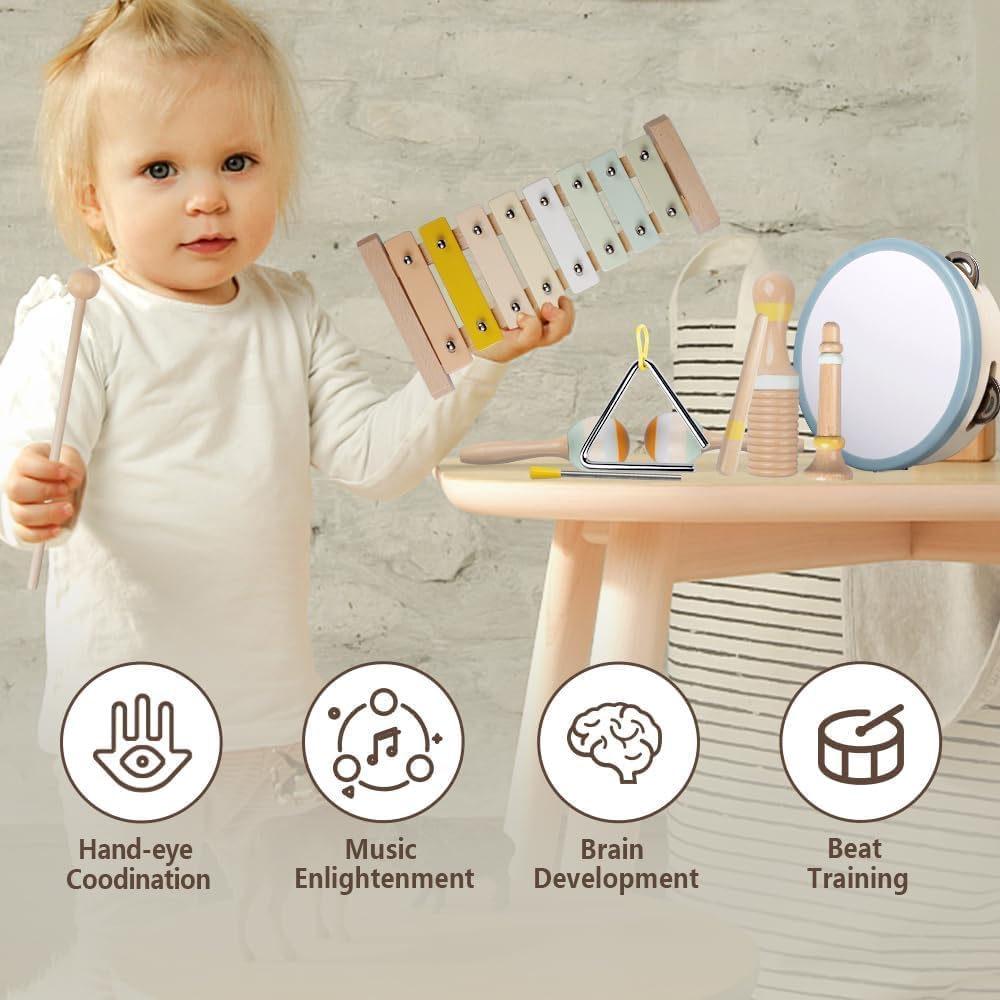 Montessori Wooden Music Set – Xylophone, Tambourine & More