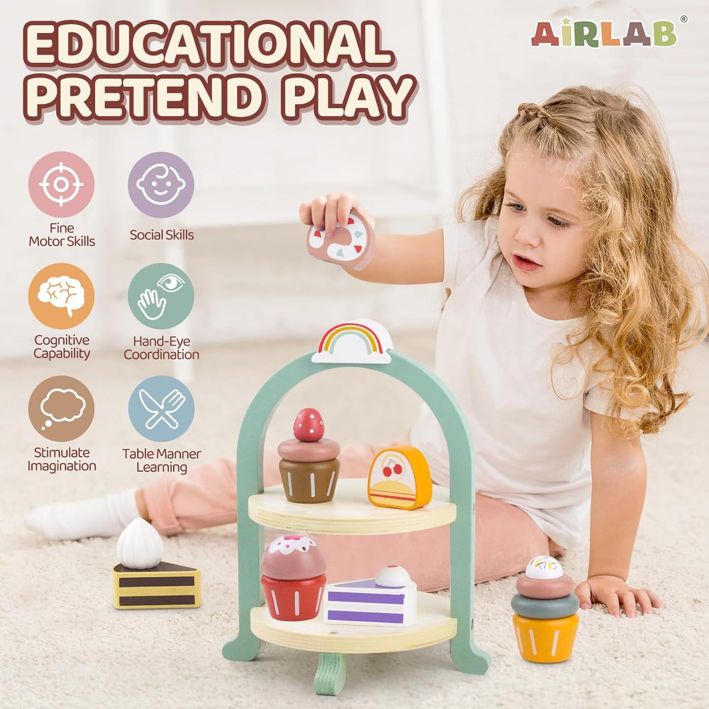 Montessori Wooden Cupcake Stand – Pretend Play Dessert Set