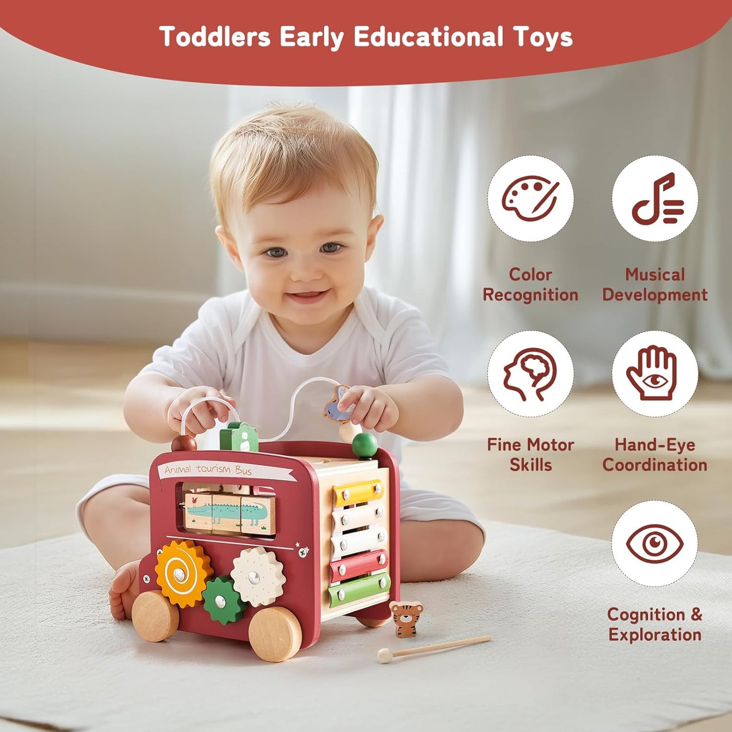 Montessori Wooden Safari Bus – 8-in-1 Activity Toy