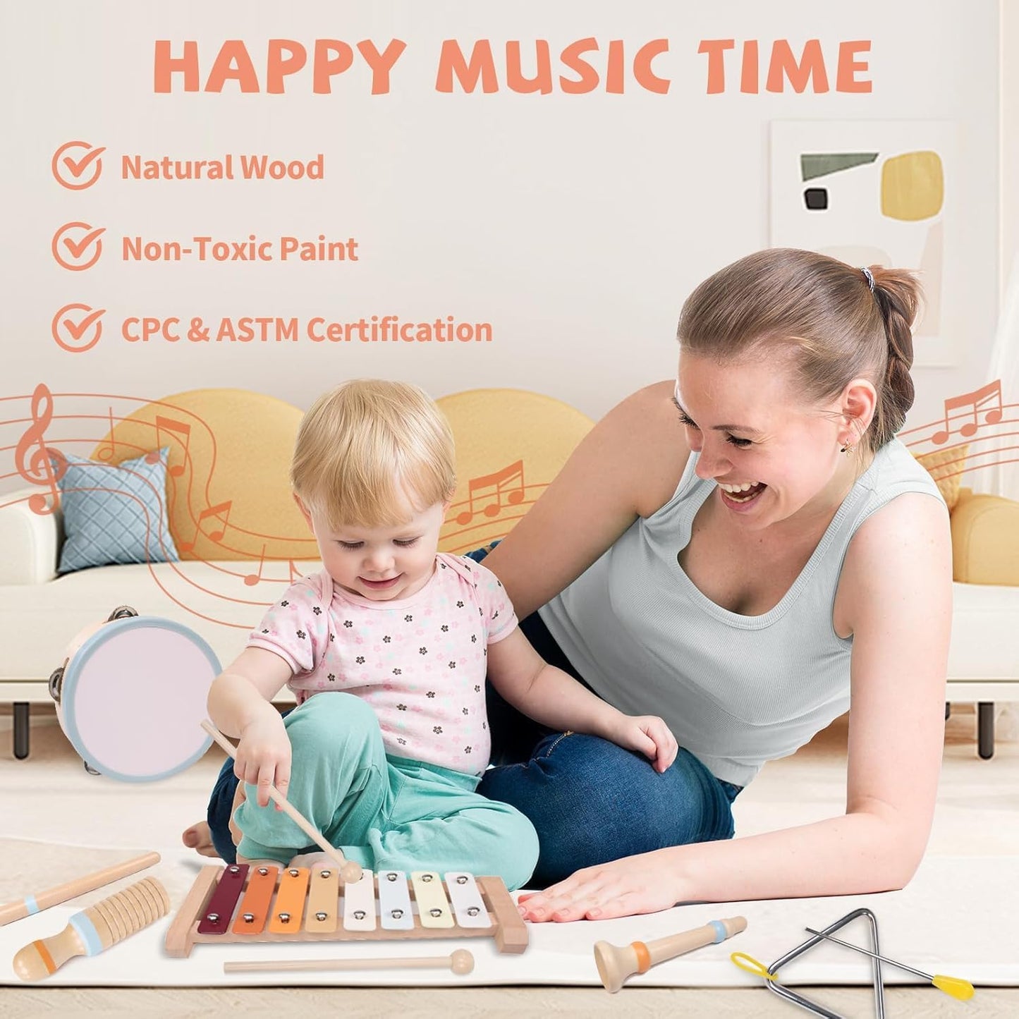 Montessori Wooden Music Set – Xylophone, Tambourine & More