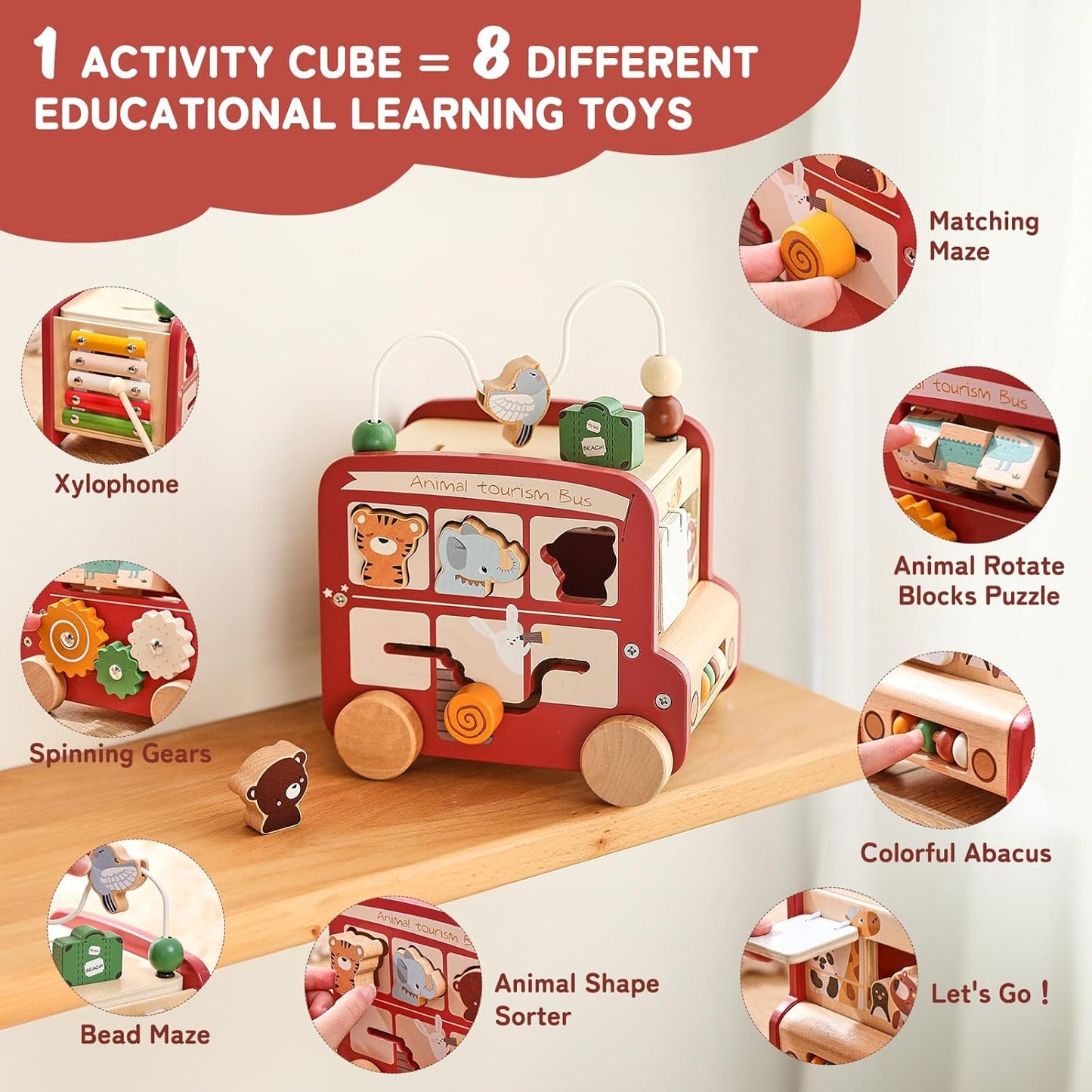 Montessori Wooden Safari Bus – 8-in-1 Activity Toy