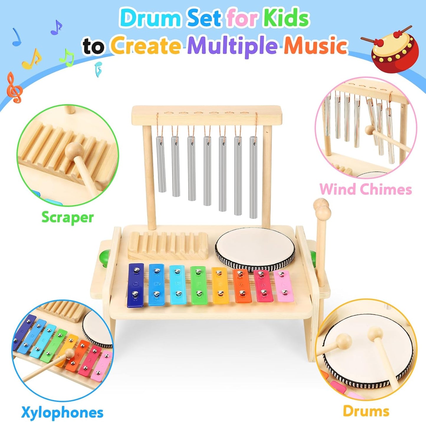 Montessori All-in-One Music Station – Drum, Xylophone & Chimes