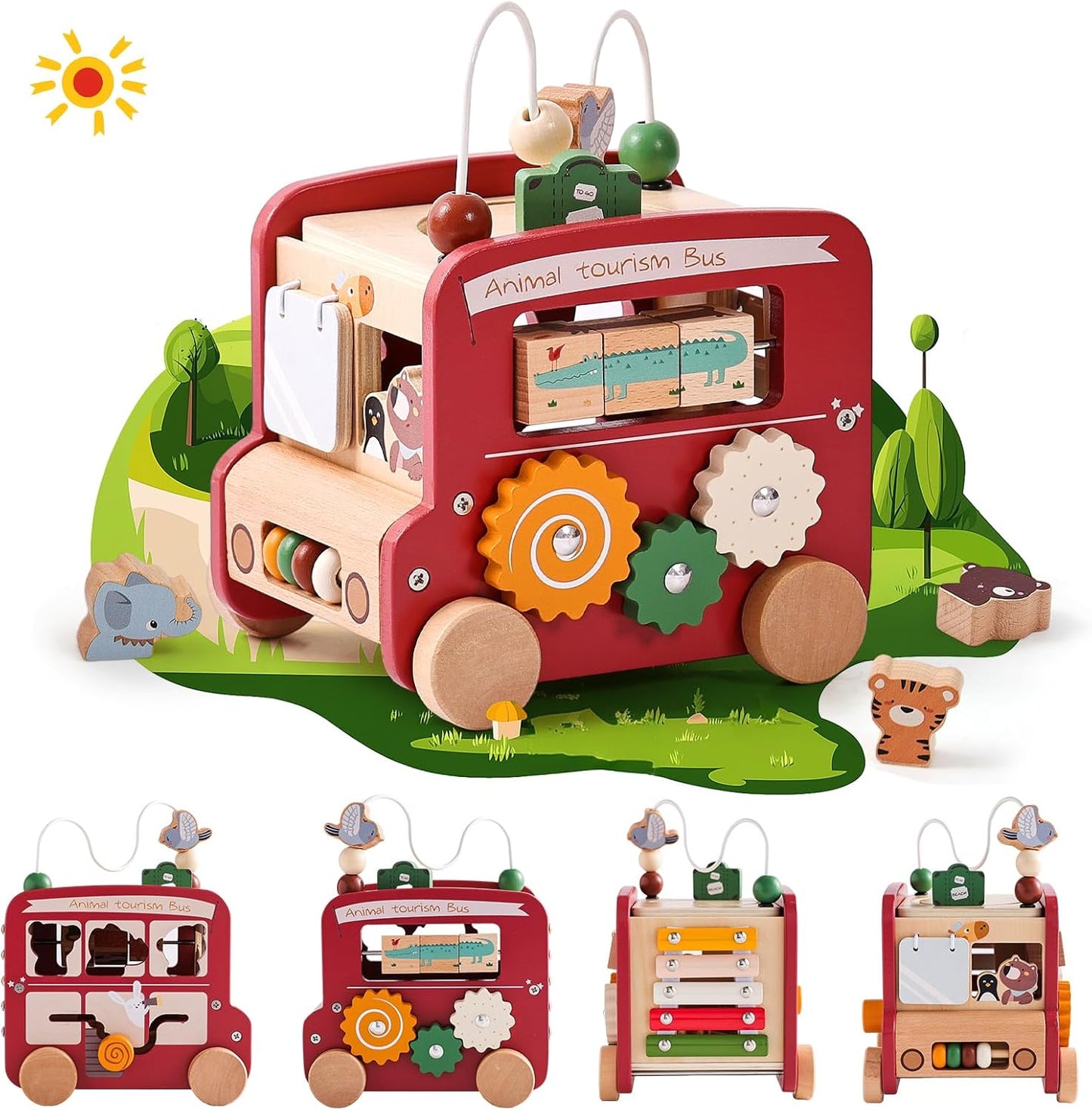 Montessori Wooden Safari Bus – 8-in-1 Activity Toy