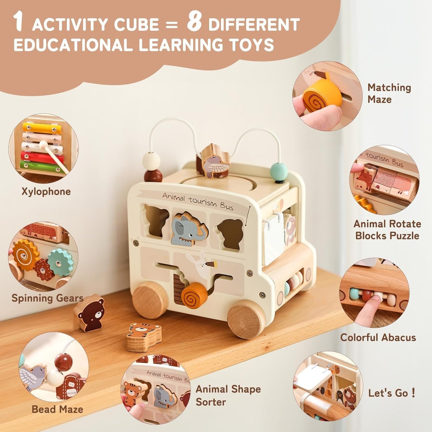 Montessori Wooden Safari Bus – 8-in-1 Activity Toy
