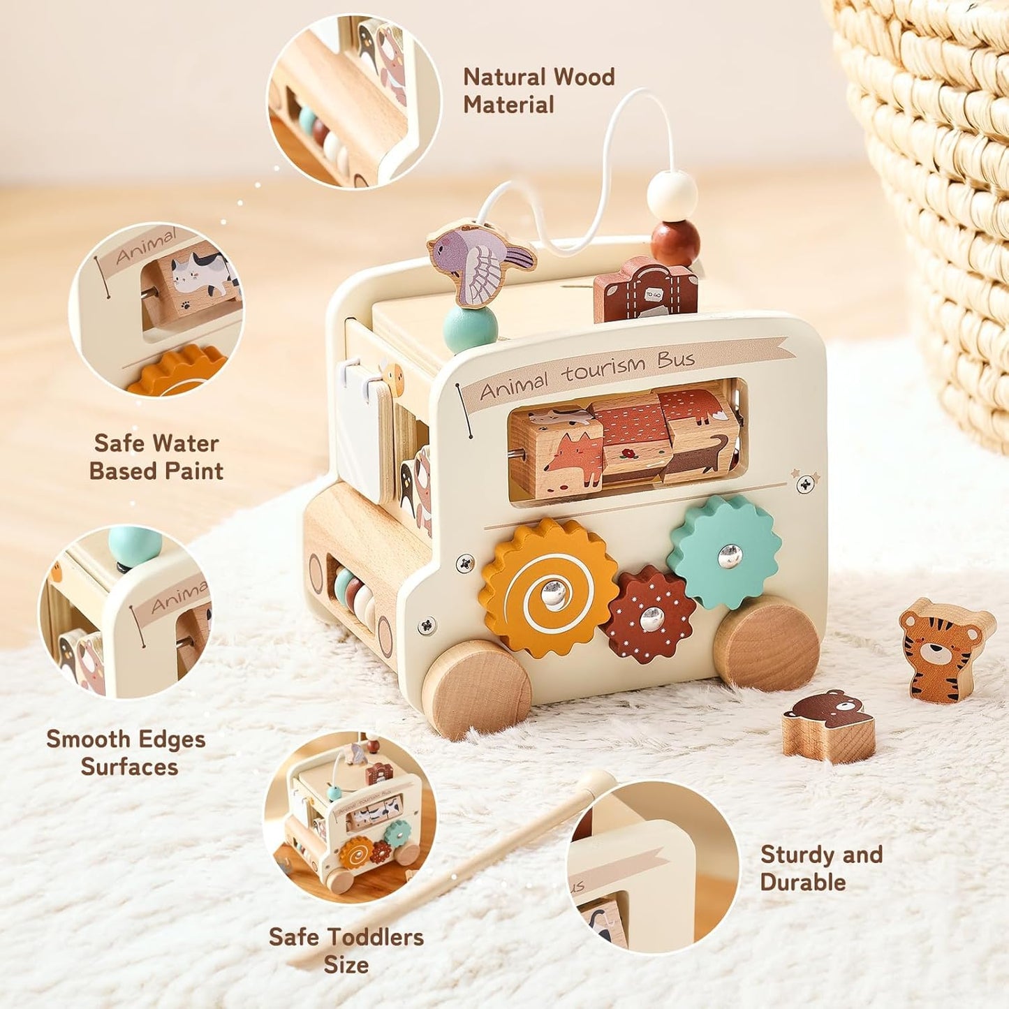 Montessori Wooden Safari Bus – 8-in-1 Activity Toy