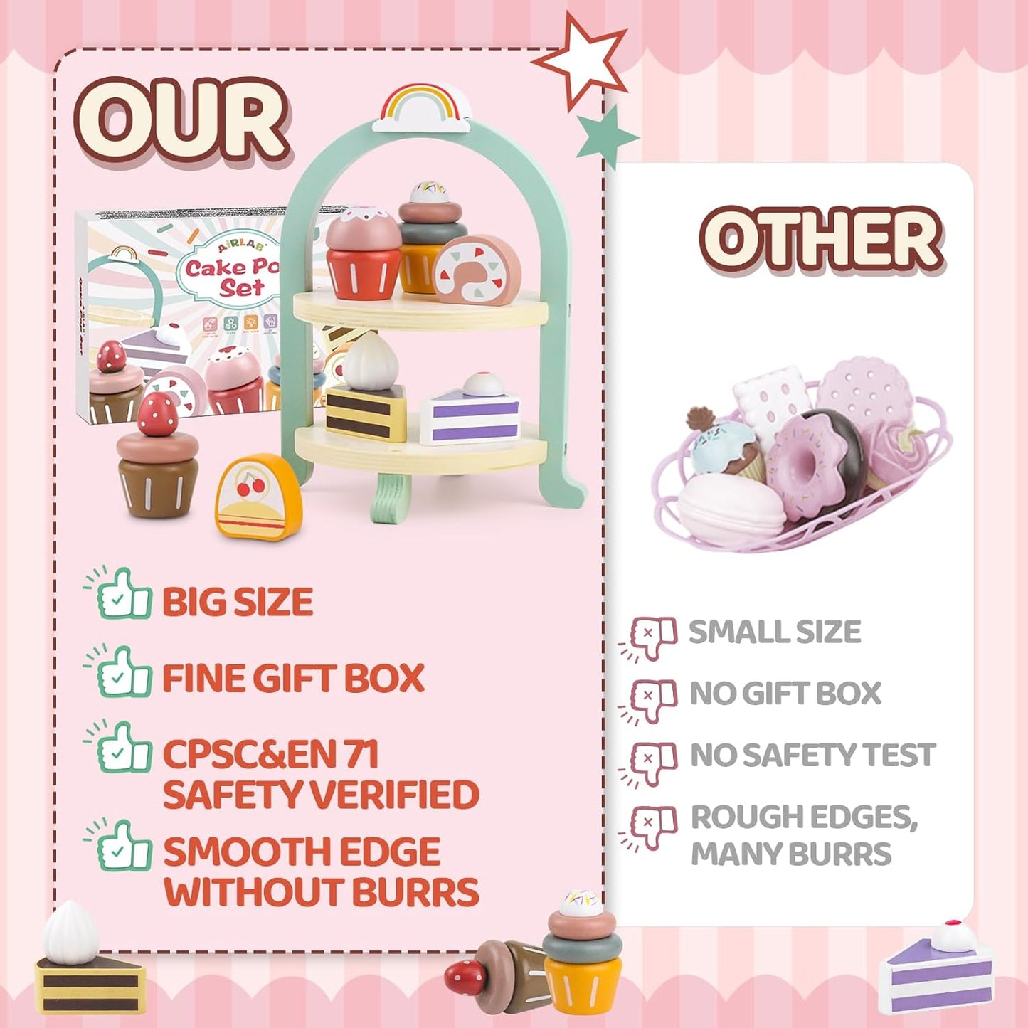 Montessori Wooden Cupcake Stand – Pretend Play Dessert Set