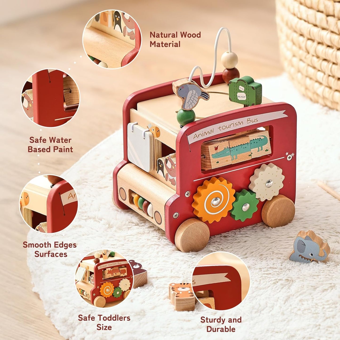 Montessori Wooden Safari Bus – 8-in-1 Activity Toy