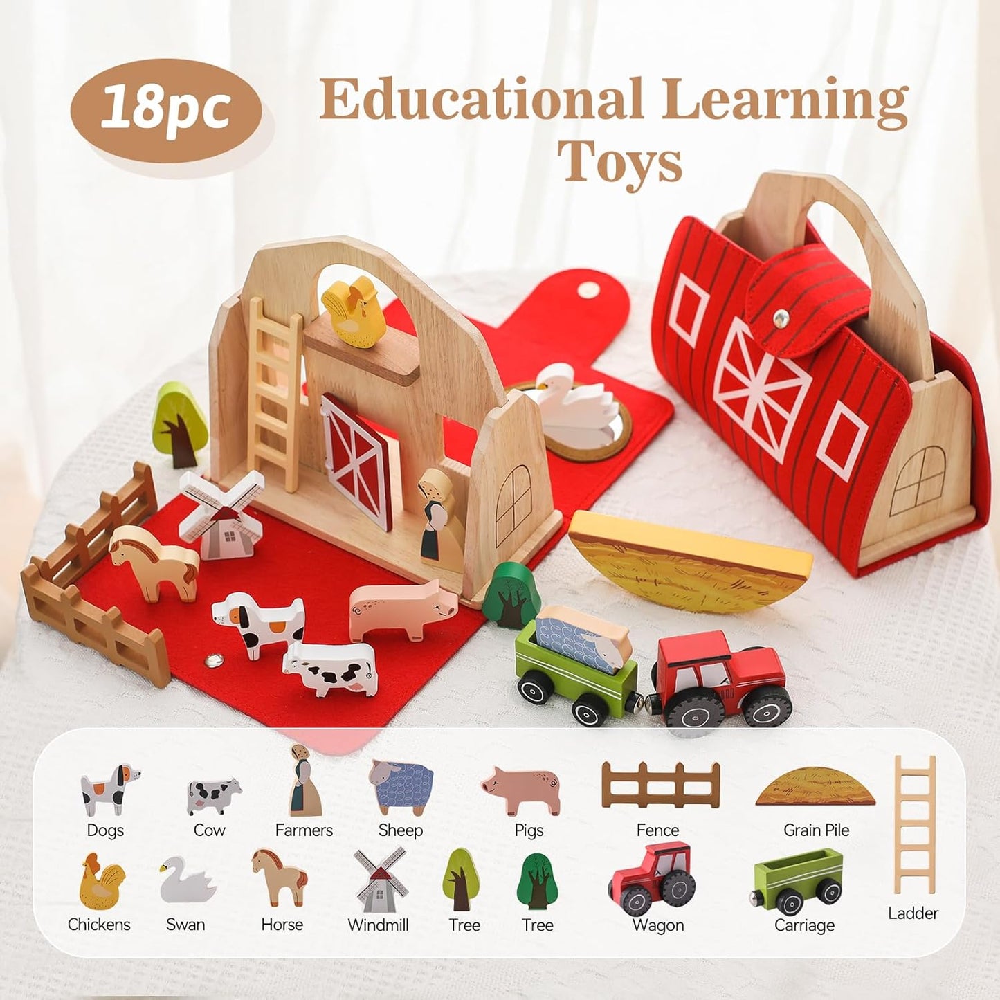 Montessori Portable Farm Set – Wooden Barn & Animals