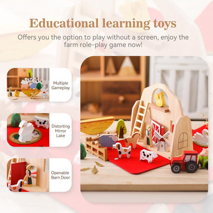 Montessori Portable Farm Set – Wooden Barn & Animals