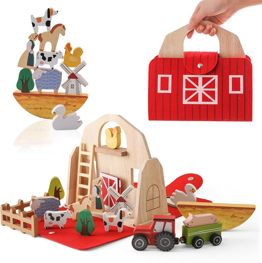 Montessori Portable Farm Set – Wooden Barn & Animals