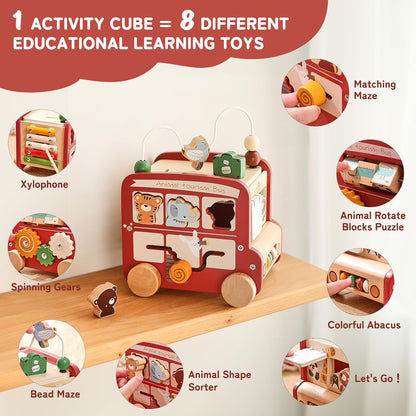 Montessori Wooden Safari Bus – 8-in-1 Activity Toy