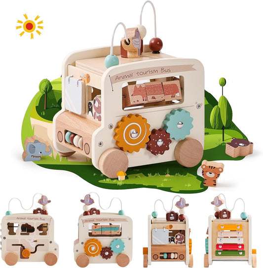 Montessori Wooden Safari Bus – 8-in-1 Activity Toy