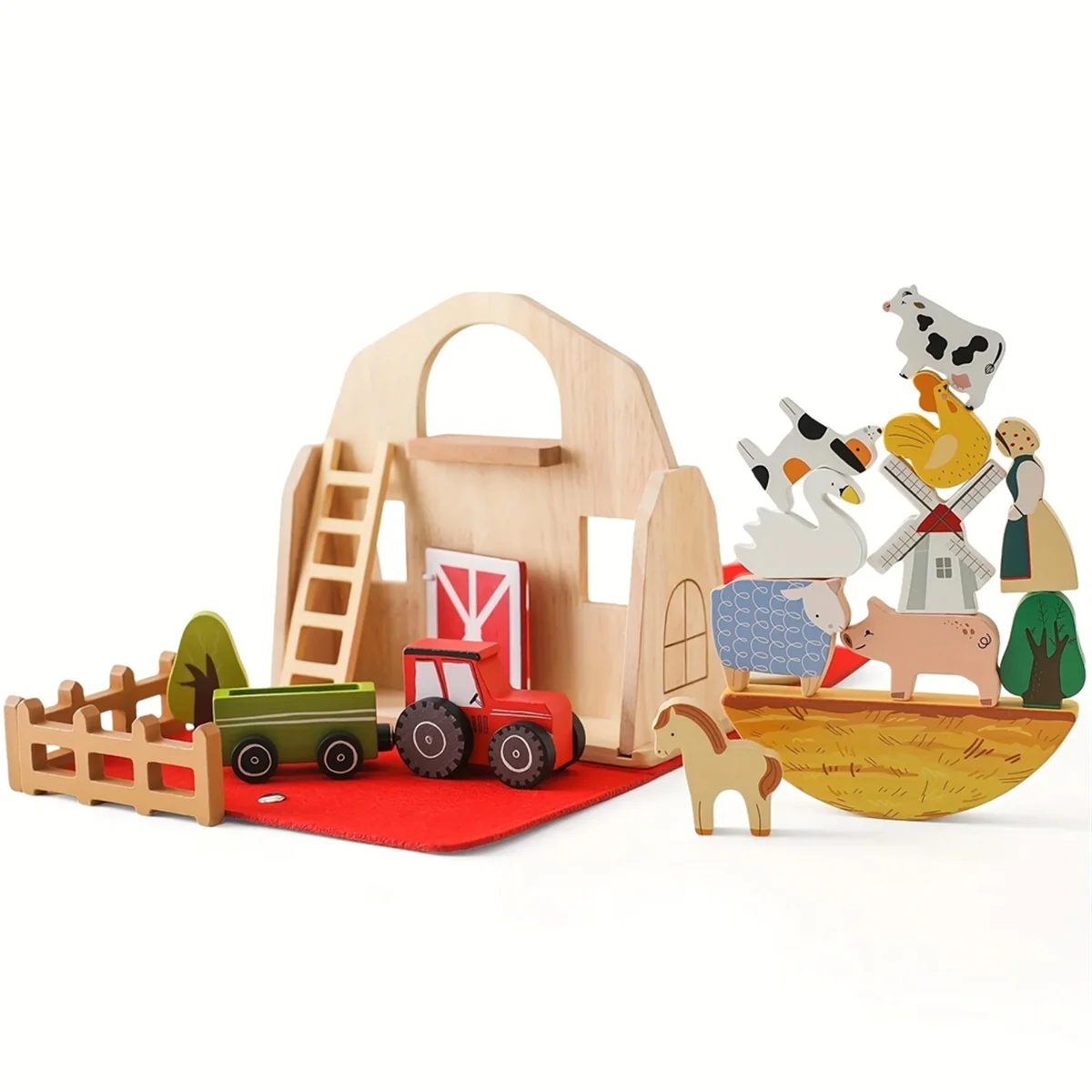 Montessori Portable Farm Set – Wooden Barn & Animals