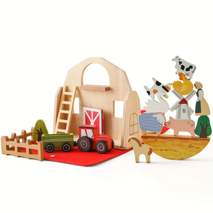 Montessori Portable Farm Set – Wooden Barn & Animals