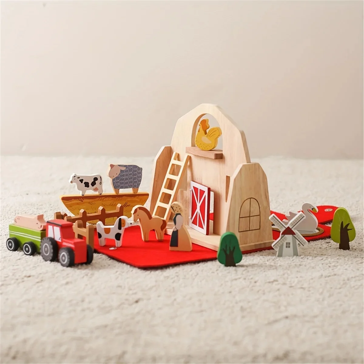 Montessori Portable Farm Set – Wooden Barn & Animals