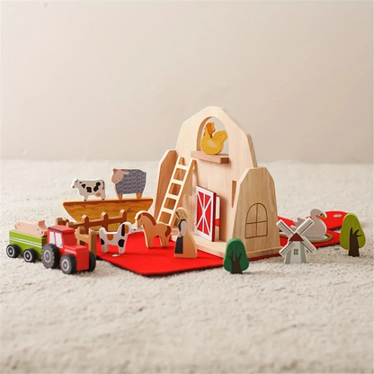 Montessori Portable Farm Set – Wooden Barn & Animals